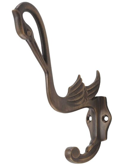 Swan Solid-Brass Coat Hook in Antique Brass.